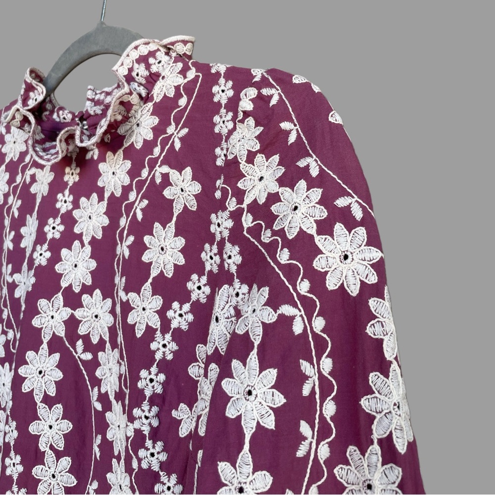 SEZANE Purple & White Floral Embroidered High
Ruffle Neck Top Eglantine Blouse